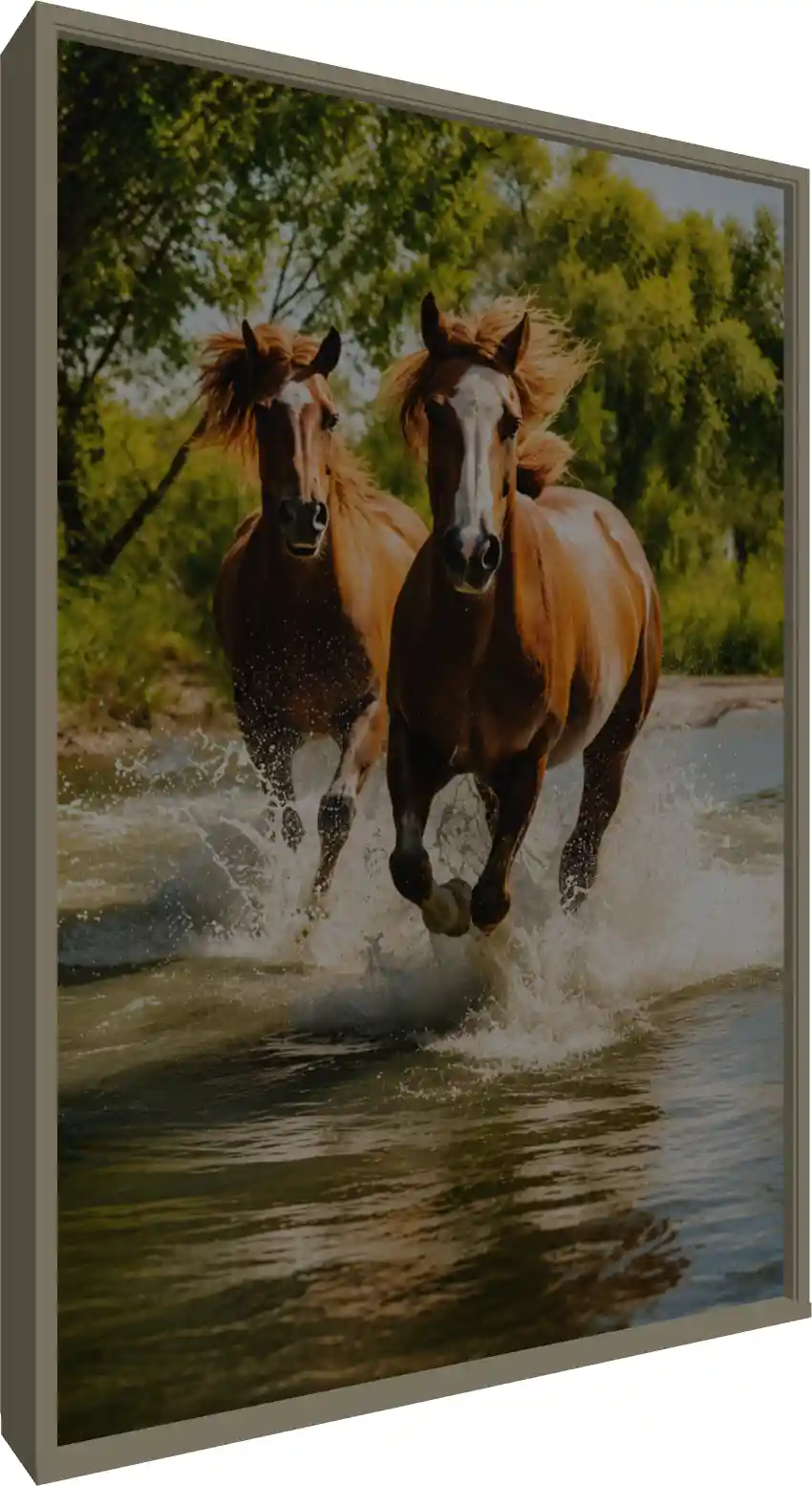 Majestic Dual Horses Spiritual Portrait Canvas — floater frame preview | PrintPosters.in